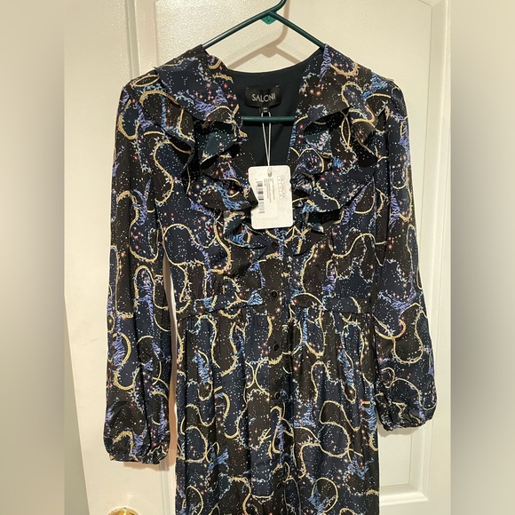 New! Saloni Ginny Midi Silk Crepe De Chine Dress in Cosmo Dancers 💫✨ US 4 NWT! - Picture 13 of 16